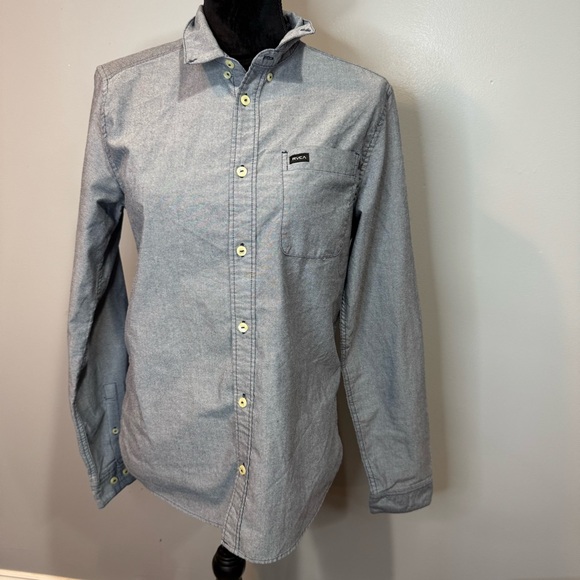 RVCA Thatll Do Oxford Docker Blue Stretch Slim Long Sleeve Button Down Shirt - Picture 1 of 14